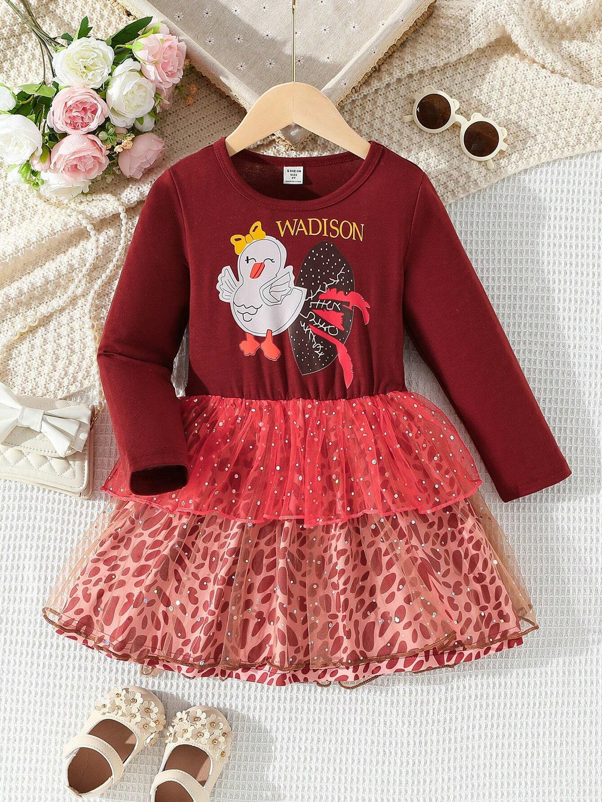 Thanksgiving Turkey Print Multi-Layer Mesh Young Girl Casual Classic Round Neck Cartoon Letter Front Print Long Sleeve Mesh Double Layer Leopard Print Hem Dress