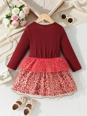 Thanksgiving Turkey Print Multi-Layer Mesh Young Girl Casual Classic Round Neck Cartoon Letter Front Print Long Sleeve Mesh Double Layer Leopard Print Hem Dress