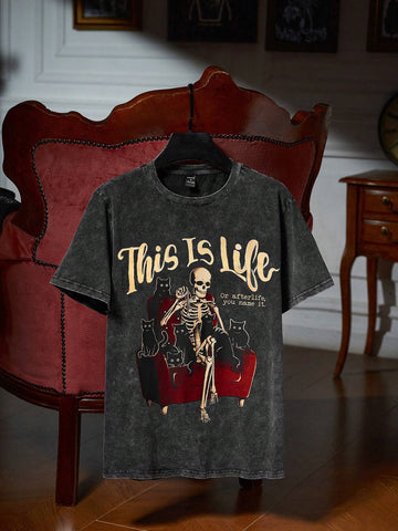 Round Neck Skull & Letter Printed Loose Short Sleeve T-Shirt,Women Clothes,For Summer, 100% Cotton