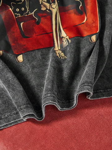 Round Neck Skull & Letter Printed Loose Short Sleeve T-Shirt,Women Clothes,For Summer, 100% Cotton