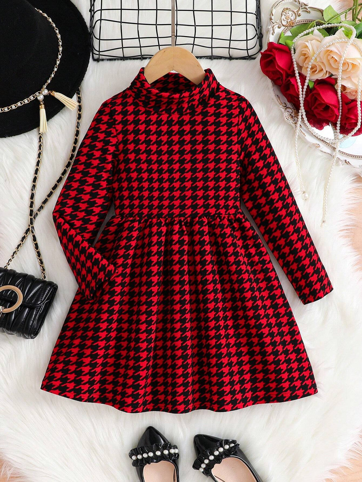 Young Girl All-Match Plaid Print Mock Neck Dress Without Belt, Fall, Winter, Preppy, Back To School, Casual And Versatile