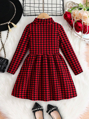 Young Girl All-Match Plaid Print Mock Neck Dress Without Belt, Fall, Winter, Preppy, Back To School, Casual And Versatile