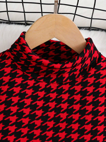 Young Girl All-Match Plaid Print Mock Neck Dress Without Belt, Fall, Winter, Preppy, Back To School, Casual And Versatile
