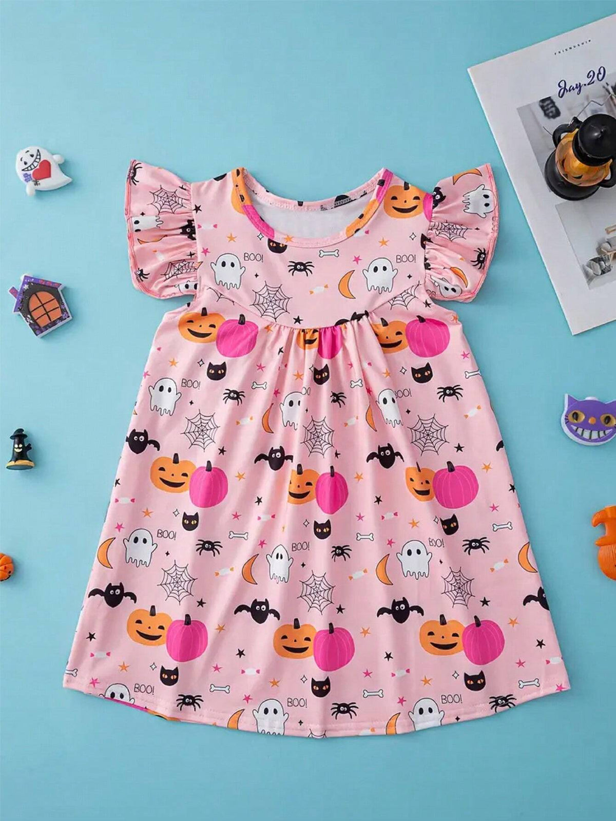 The Girls' Cute Pumpkin Halloween Costumes, Fly Sleeve Comfortable Fit, Suitable For Little Girls Holiday Party Casual Skirt Fall Spring