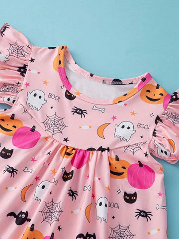 The Girls' Cute Pumpkin Halloween Costumes, Fly Sleeve Comfortable Fit, Suitable For Little Girls Holiday Party Casual Skirt Fall Spring