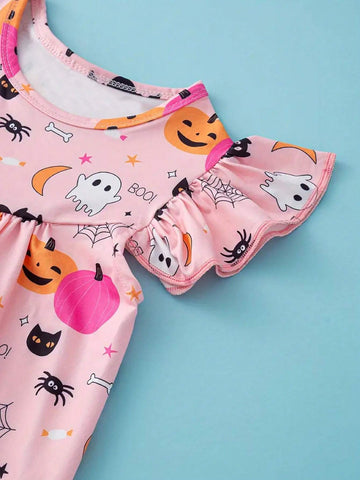 The Girls' Cute Pumpkin Halloween Costumes, Fly Sleeve Comfortable Fit, Suitable For Little Girls Holiday Party Casual Skirt Fall Spring