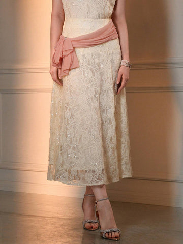 The Great Gatsby x MOTF LACE OVERLAY CONTRAST SEQUIN CONTRAST RUCHED BOW DETAIL FLARE SKIRT