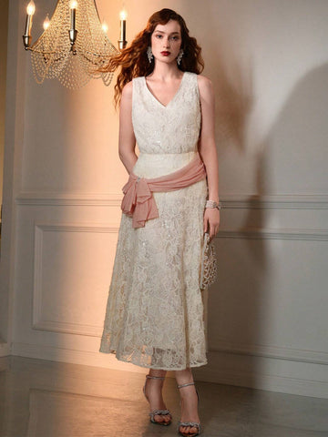 The Great Gatsby x MOTF LACE OVERLAY CONTRAST SEQUIN CONTRAST RUCHED BOW DETAIL FLARE SKIRT