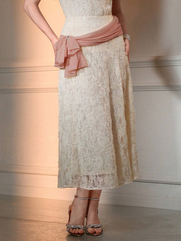 The Great Gatsby x MOTF LACE OVERLAY CONTRAST SEQUIN CONTRAST RUCHED BOW DETAIL FLARE SKIRT