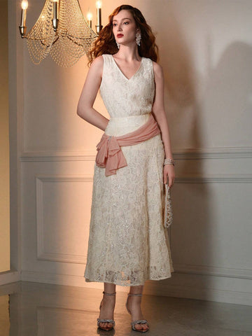 The Great Gatsby x MOTF LACE OVERLAY CONTRAST SEQUIN CONTRAST RUCHED BOW DETAIL FLARE SKIRT