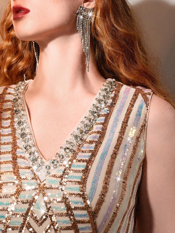 The Great Gatsby x MOTF SEQUINS AND RHINESTONES DETAIL FRINGE HEM SHORT DRESS