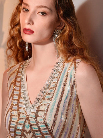 The Great Gatsby x MOTF SEQUINS AND RHINESTONES DETAIL FRINGE HEM SHORT DRESS