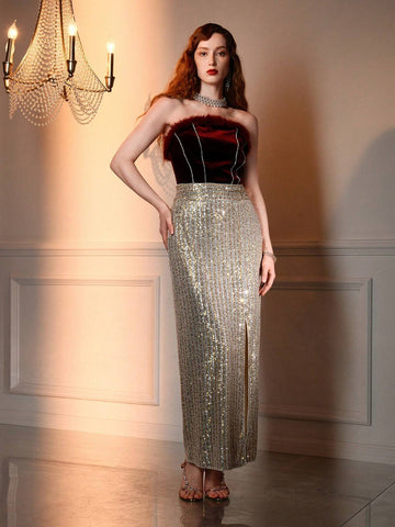 The Great Gatsby x MOTF SEQUINS STRIPED PATTERN SPLIT THIGH PARTY SKIRT