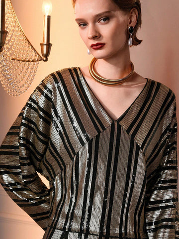 MOTF SEQUINS V-NECK STRIPED PATTERN BLOUSE