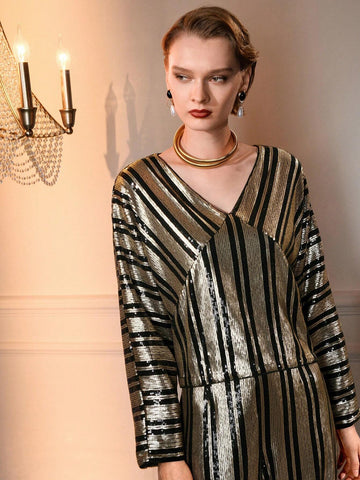 MOTF SEQUINS V-NECK STRIPED PATTERN BLOUSE
