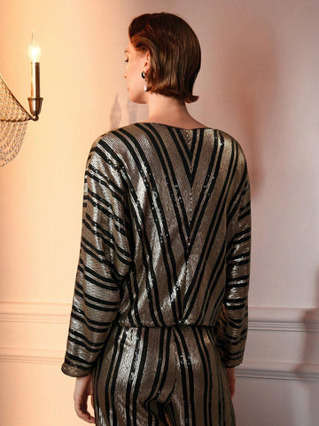 MOTF SEQUINS V-NECK STRIPED PATTERN BLOUSE