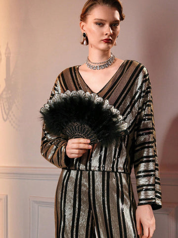 MOTF SEQUINS V-NECK STRIPED PATTERN BLOUSE