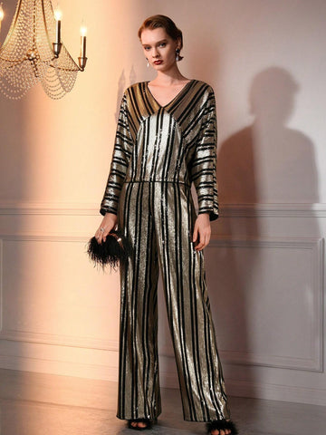 MOTF SEQUINS V-NECK STRIPED PATTERN BLOUSE