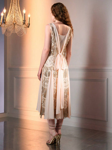 The Great Gatsby x MOTF SEQUIN FRINGE V NECK SLEEVELESS DRESS