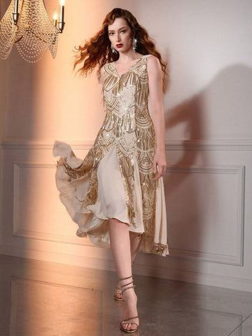 The Great Gatsby x MOTF SEQUIN FRINGE V NECK SLEEVELESS DRESS