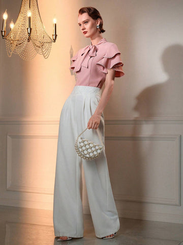 MOTF TIE FRONT LAYERED SHORT SLEEVE BLOUSE