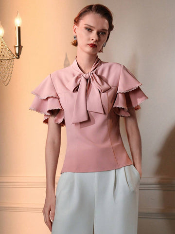 MOTF TIE FRONT LAYERED SHORT SLEEVE BLOUSE