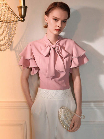 MOTF TIE FRONT LAYERED SHORT SLEEVE BLOUSE