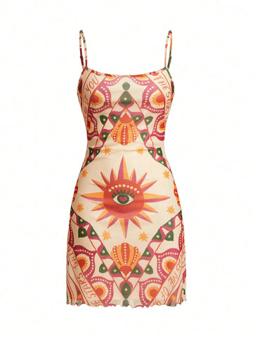 The Sun Casual Printed Mesh Spaghetti Strap Slim Fit Women Dress