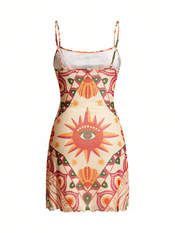 The Sun Casual Printed Mesh Spaghetti Strap Slim Fit Women Dress