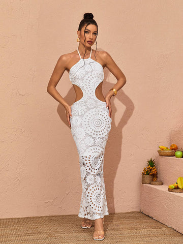 Thea Halterneck Cutout Lace Maxi Dress