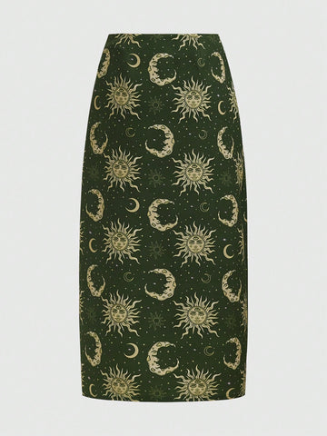 ThisUniqueVibe Hippie Women's Sun, Moon, Stars Straight And Split Hippie Skirt