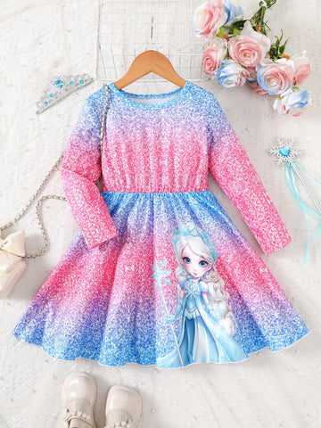 This 4-7 Years Old Girls Dress Is Designed For Adorable Little Princesses. The Exquisite Prints And Ombre Colors Blend Seamlessly On The Dress Fabric