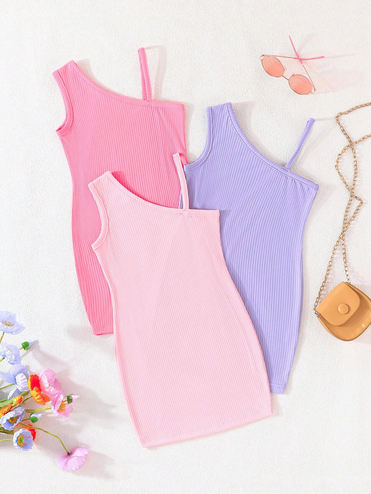 Three-Piece Simple Y2K Summer New Solid Color Asymmetric Strap Candy Color Dress Set For Young Girls