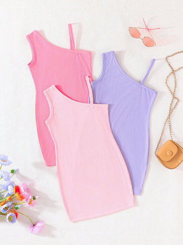 Three-Piece Simple Y2K Summer New Solid Color Asymmetric Strap Candy Color Dress Set For Young Girls