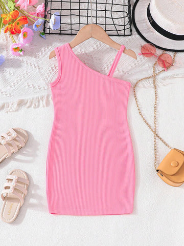Three-Piece Simple Y2K Summer New Solid Color Asymmetric Strap Candy Color Dress Set For Young Girls