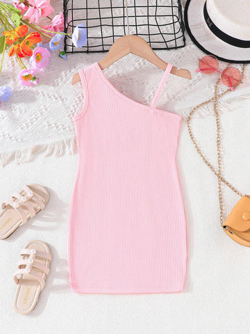 Three-Piece Simple Y2K Summer New Solid Color Asymmetric Strap Candy Color Dress Set For Young Girls