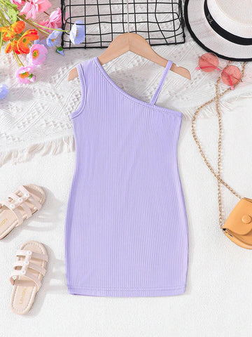 Three-Piece Simple Y2K Summer New Solid Color Asymmetric Strap Candy Color Dress Set For Young Girls
