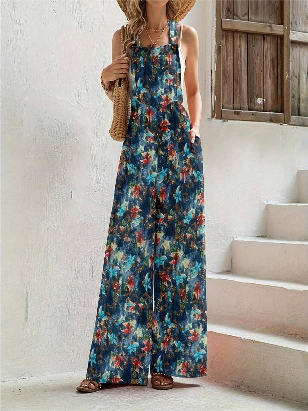 Tie-Dye Flower Print Wide Leg Overalls Jumpsuit