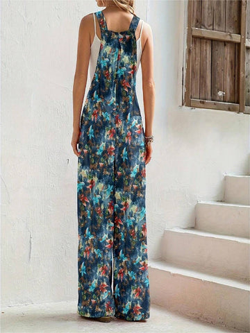 Tie-Dye Flower Print Wide Leg Overalls Jumpsuit
