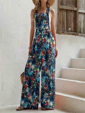 Tie-Dye Flower Print Wide Leg Overalls Jumpsuit
