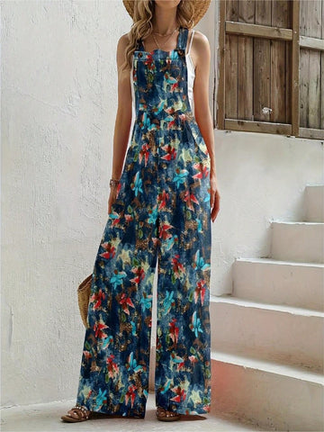 Tie-Dye Flower Print Wide Leg Overalls Jumpsuit