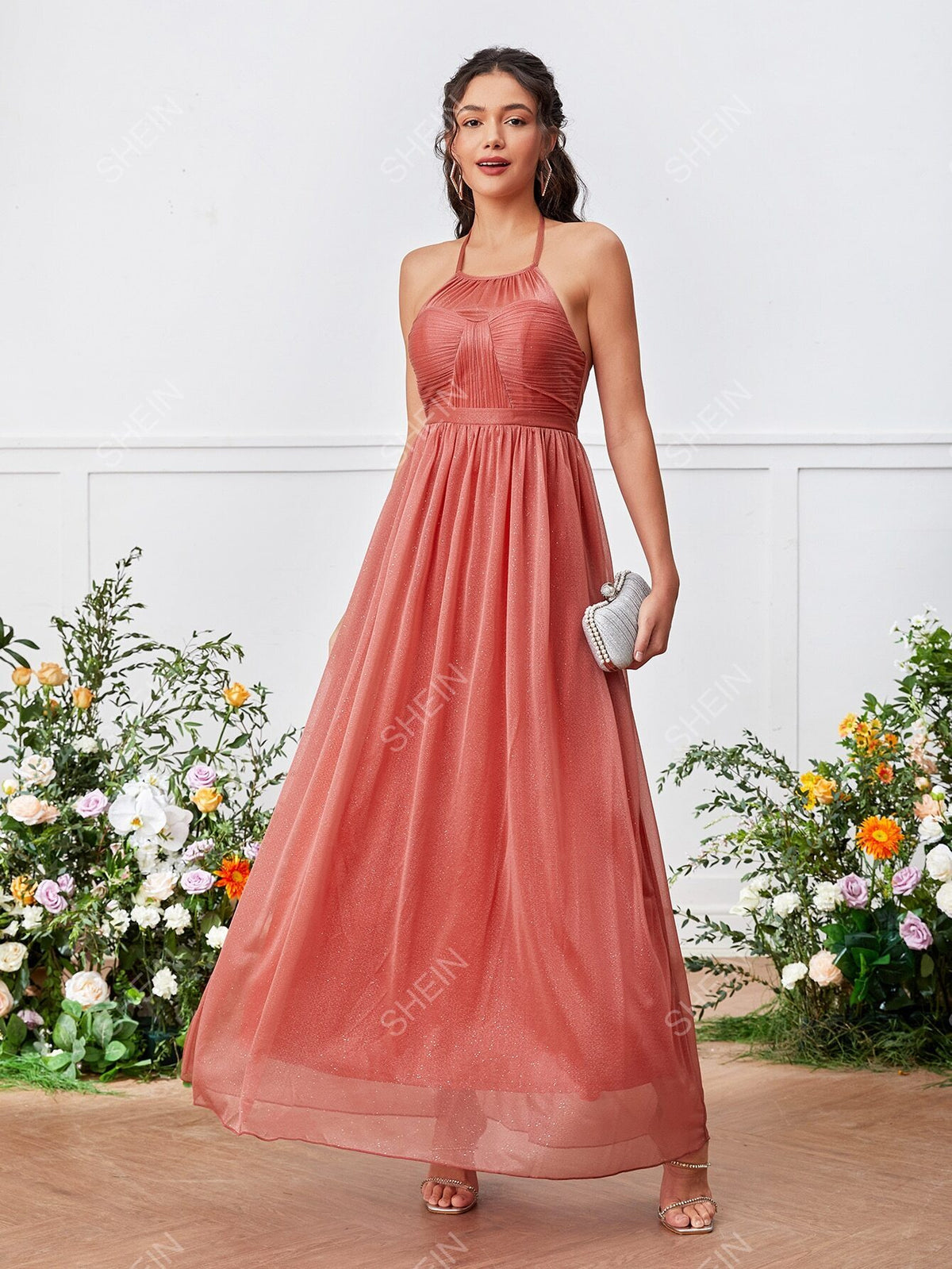 Tie Backless Halter Glitter Bridesmaid Dress