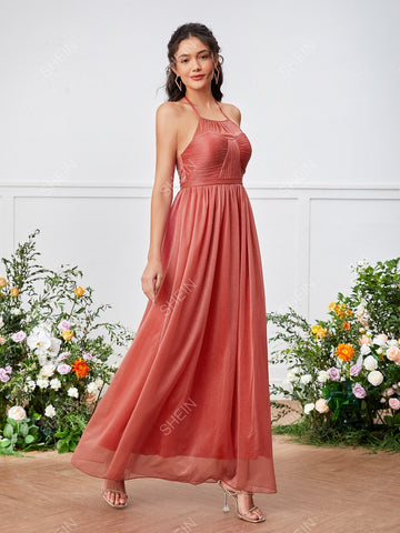 Tie Backless Halter Glitter Bridesmaid Dress
