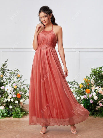 Tie Backless Halter Glitter Bridesmaid Dress