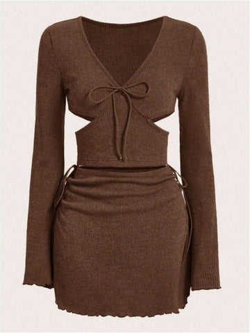 Tie Front Cut Out Side Top & Lettuce Trim Skirt