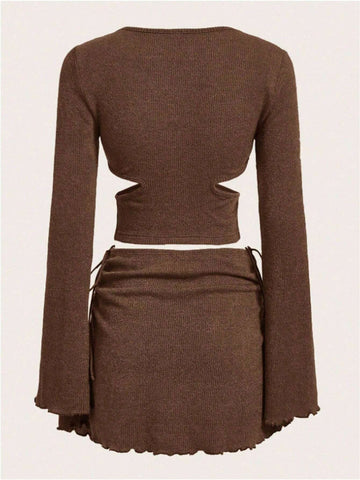 Tie Front Cut Out Side Top & Lettuce Trim Skirt