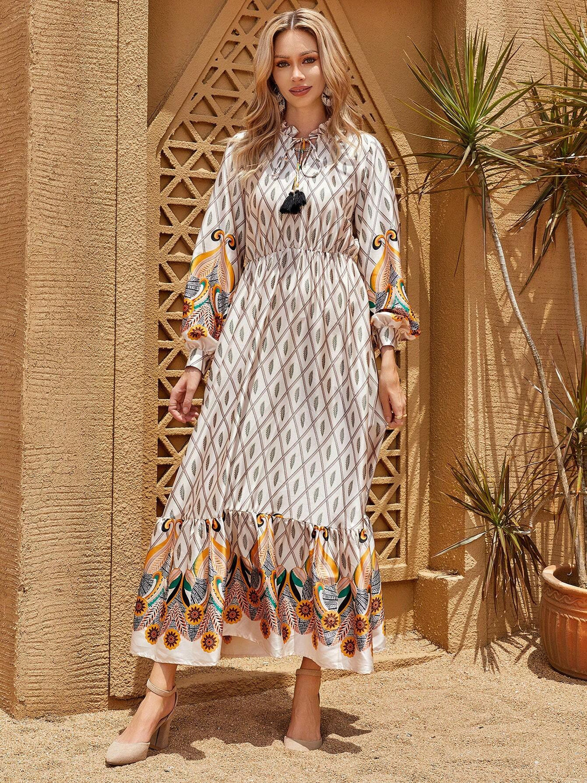 Tie Neck Geometric Print Bohemian Casual Women's Dress (Sleeve & Hem With Floral Detailing), Autumn & Winter