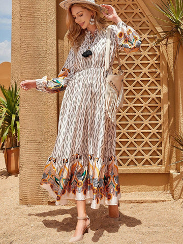 Tie Neck Geometric Print Bohemian Casual Women's Dress (Sleeve & Hem With Floral Detailing), Autumn & Winter