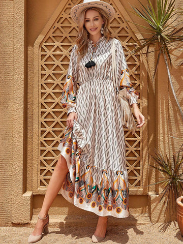 Tie Neck Geometric Print Bohemian Casual Women's Dress (Sleeve & Hem With Floral Detailing), Autumn & Winter