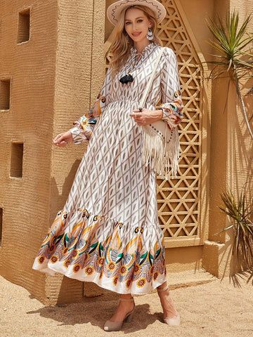Tie Neck Geometric Print Bohemian Casual Women's Dress (Sleeve & Hem With Floral Detailing), Autumn & Winter